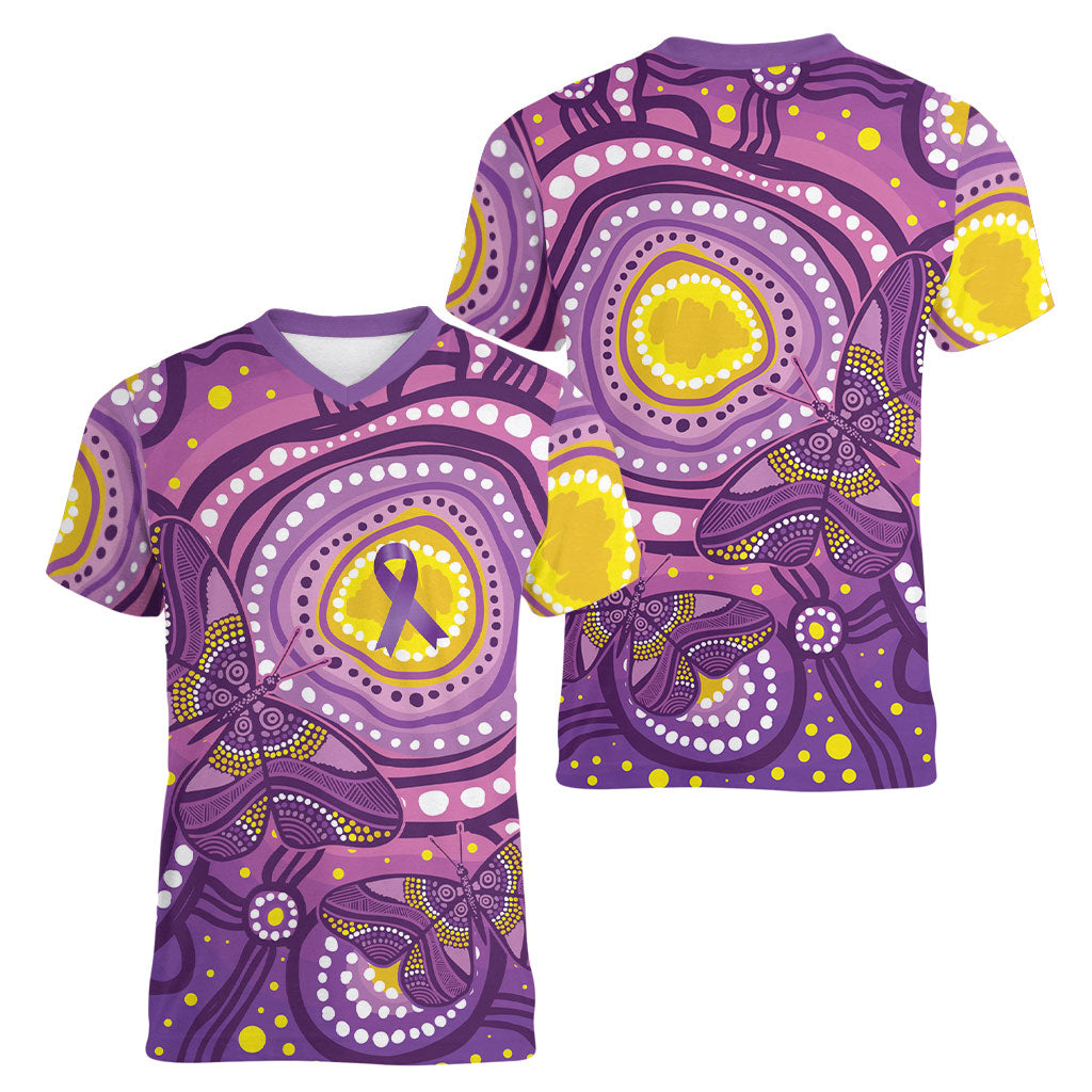 Australia Indigenous World Cancer Day Purple Aboriginal Women V-Neck T-Shirt Butterfly Ribbon