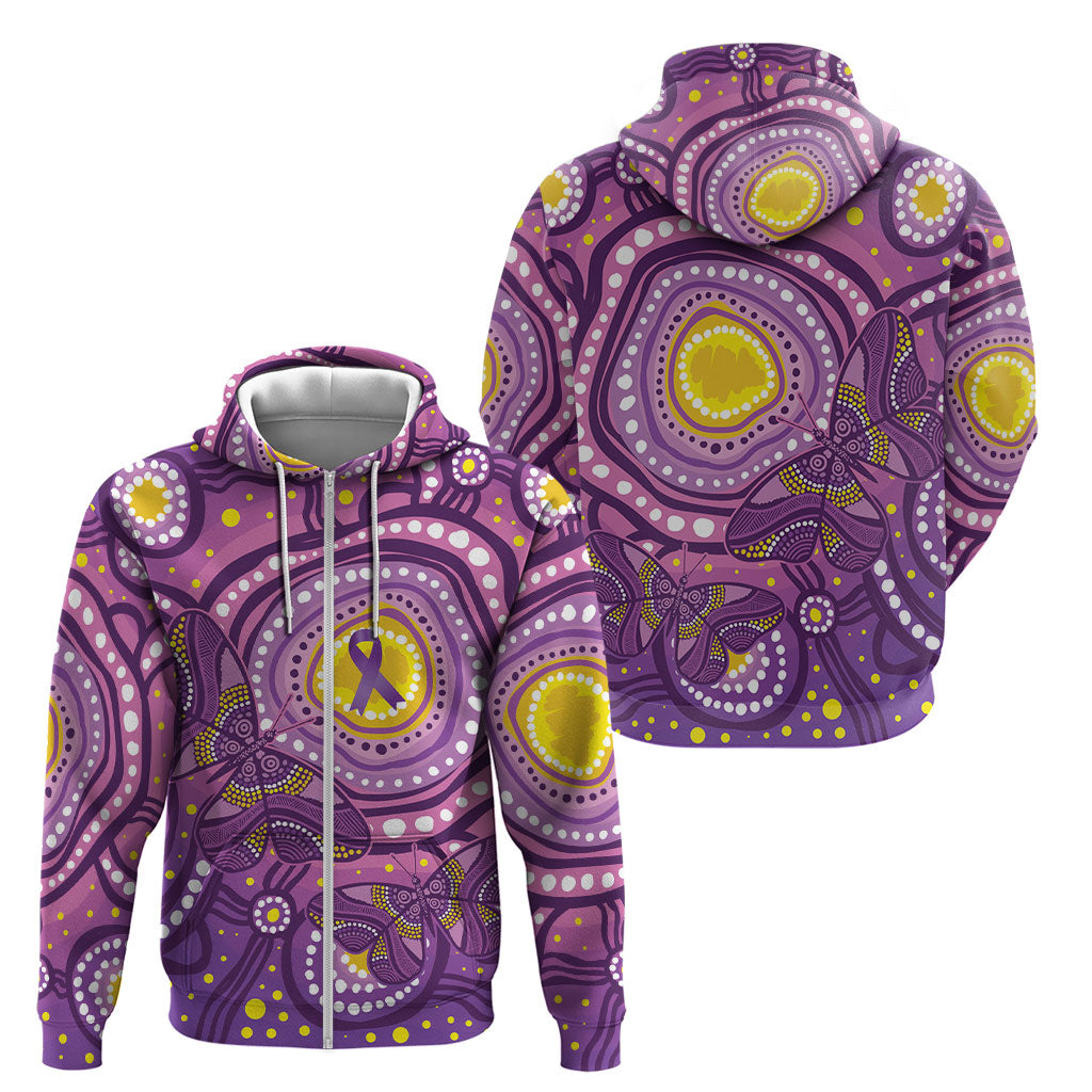 Australia Indigenous World Cancer Day Purple Aboriginal Zip Hoodie Butterfly Ribbon