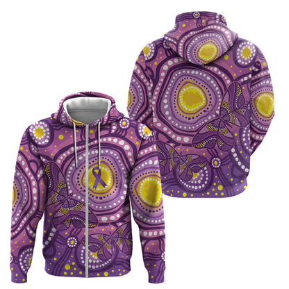 Australia Indigenous World Cancer Day Purple Aboriginal Zip Hoodie Butterfly Ribbon