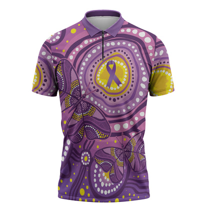 Australia Indigenous World Cancer Day Purple Aboriginal Zipper Polo Shirt Butterfly Ribbon