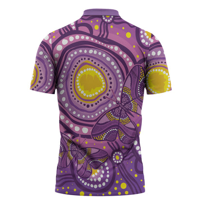 Australia Indigenous World Cancer Day Purple Aboriginal Zipper Polo Shirt Butterfly Ribbon