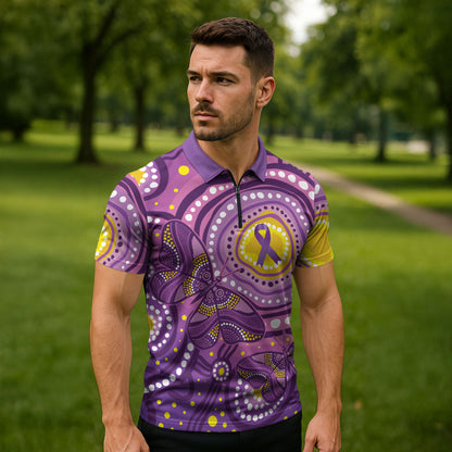 Australia Indigenous World Cancer Day Purple Aboriginal Zipper Polo Shirt Butterfly Ribbon