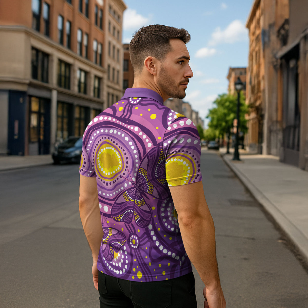 Australia Indigenous World Cancer Day Purple Aboriginal Zipper Polo Shirt Butterfly Ribbon