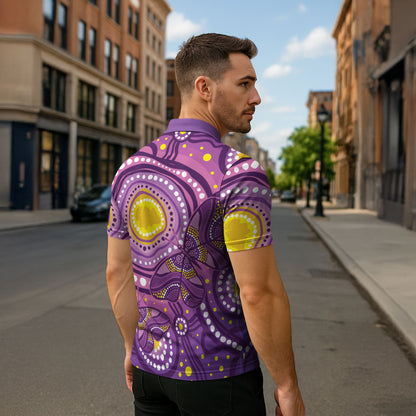 Australia Indigenous World Cancer Day Purple Aboriginal Zipper Polo Shirt Butterfly Ribbon