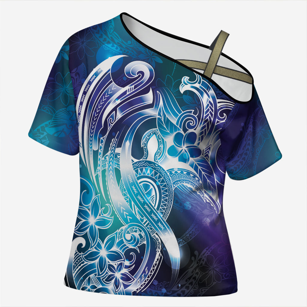 Aloha Hawaii Turtle Cross Shoulder Shirt Teal Purple Ribbon