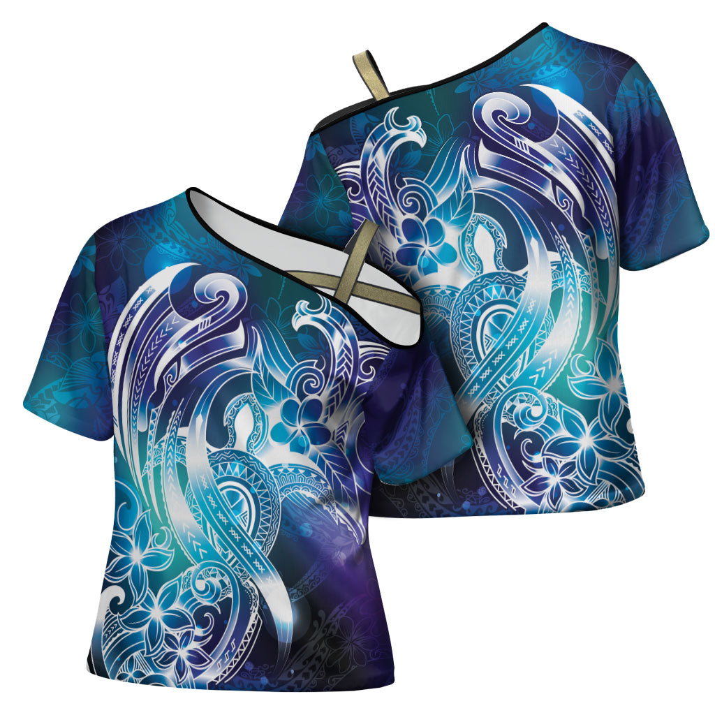 Aloha Hawaii Turtle Cross Shoulder Shirt Teal Purple Ribbon