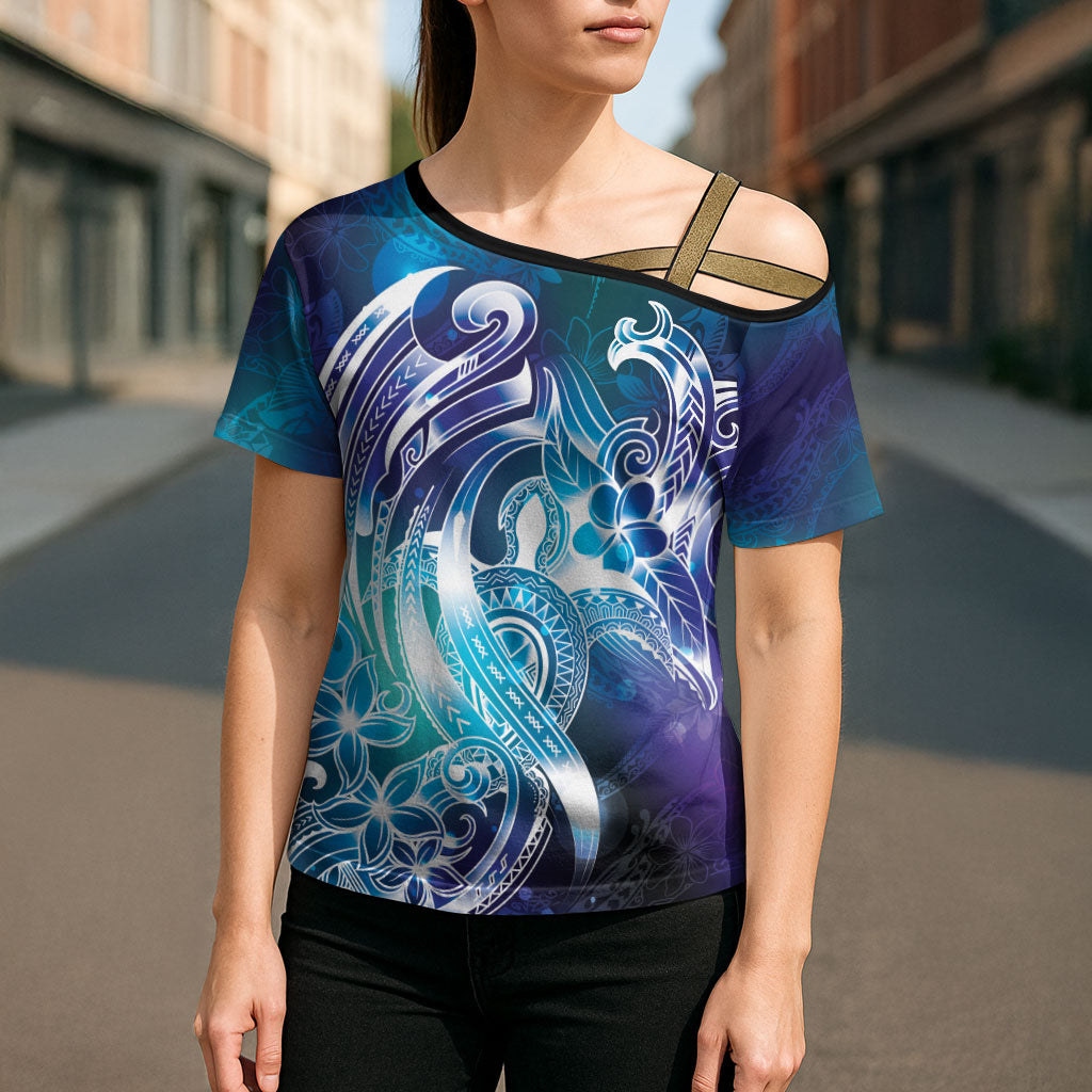 Aloha Hawaii Turtle Cross Shoulder Shirt Teal Purple Ribbon