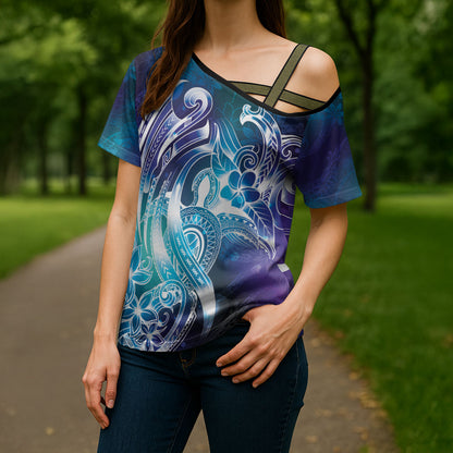 Aloha Hawaii Turtle Cross Shoulder Shirt Teal Purple Ribbon