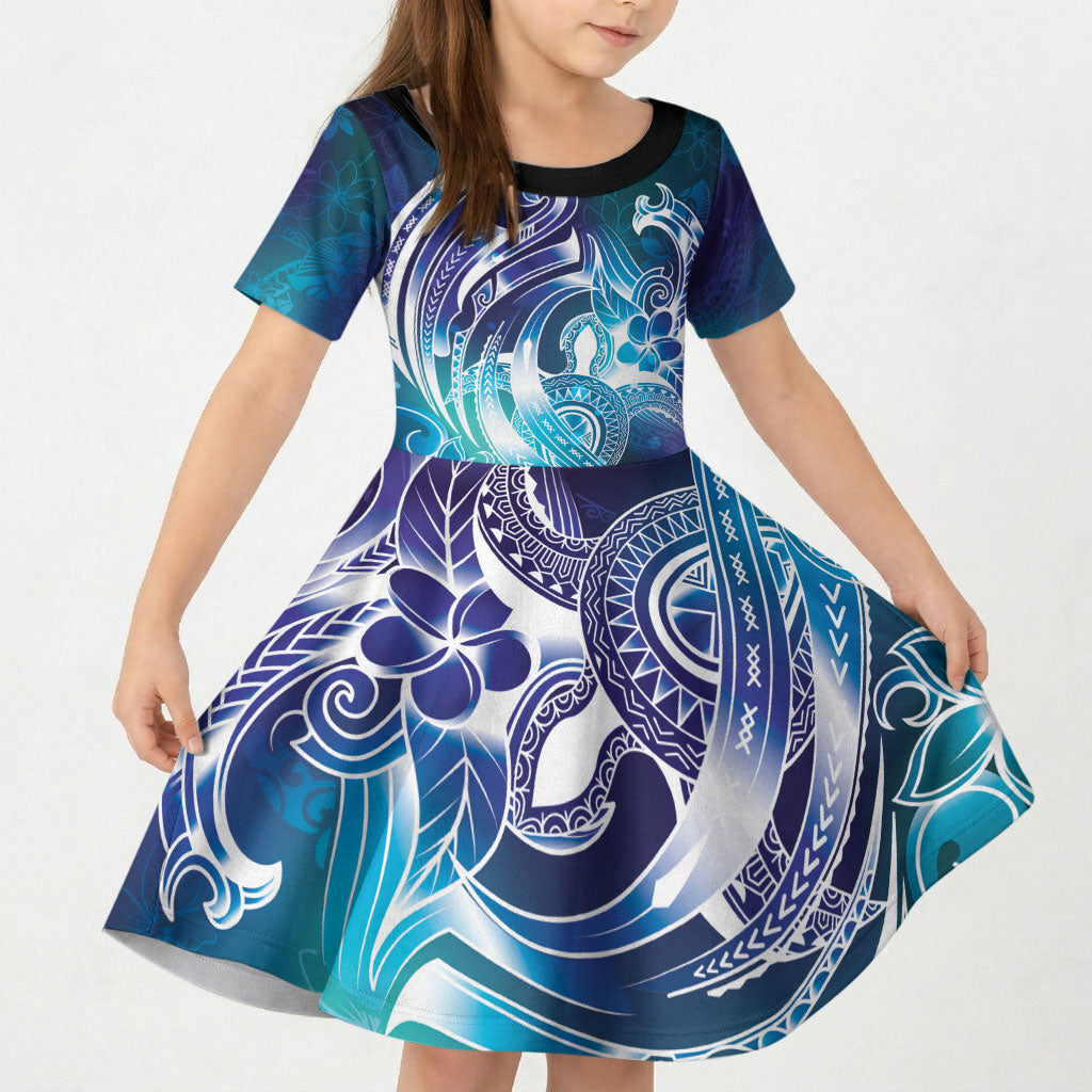 Aloha Hawaii Turtle Kid Short Sleeve Dress Teal Purple Ribbon