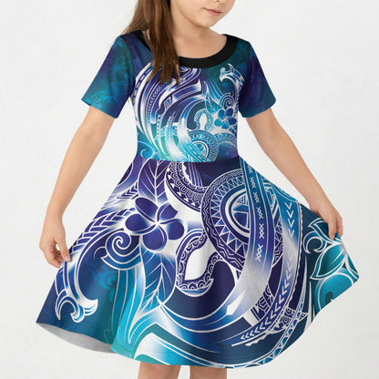 Aloha Hawaii Turtle Kid Short Sleeve Dress Teal Purple Ribbon