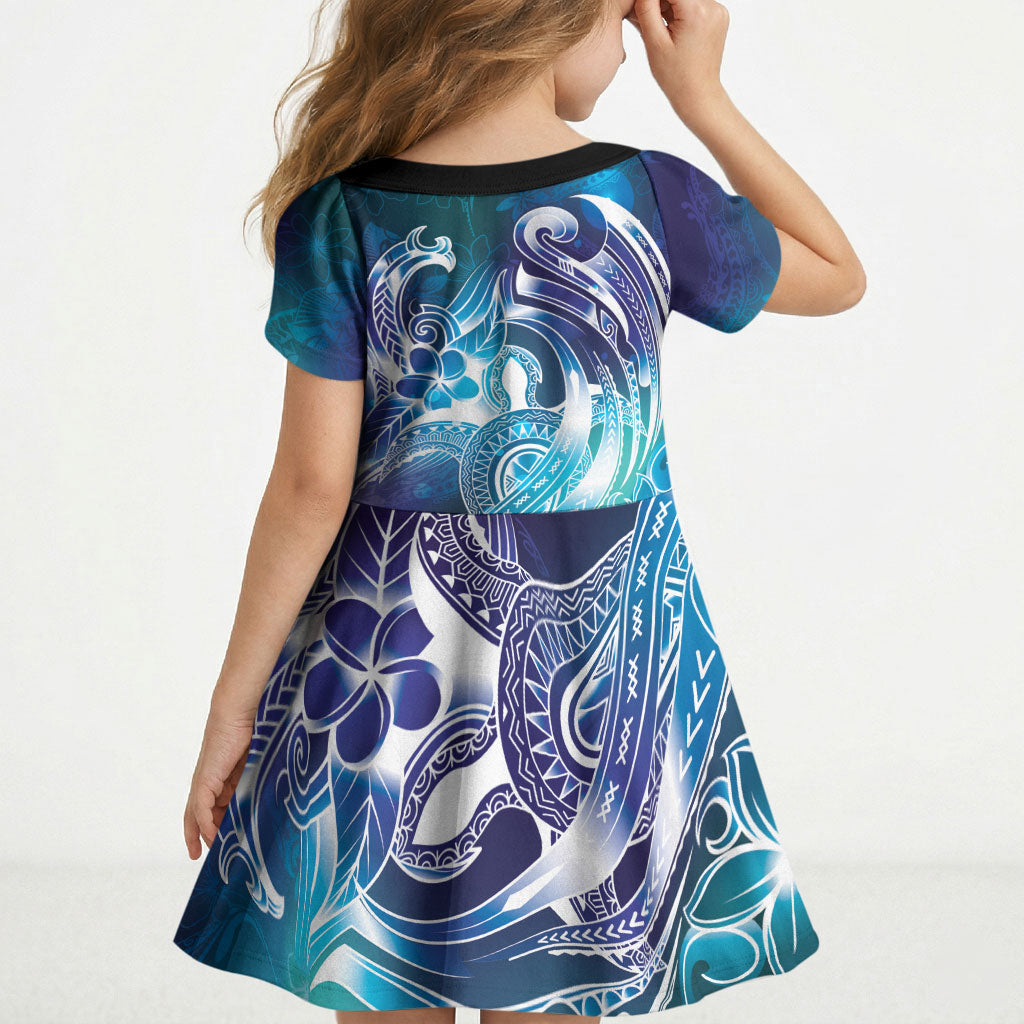 Aloha Hawaii Turtle Kid Short Sleeve Dress Teal Purple Ribbon