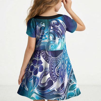 Aloha Hawaii Turtle Kid Short Sleeve Dress Teal Purple Ribbon