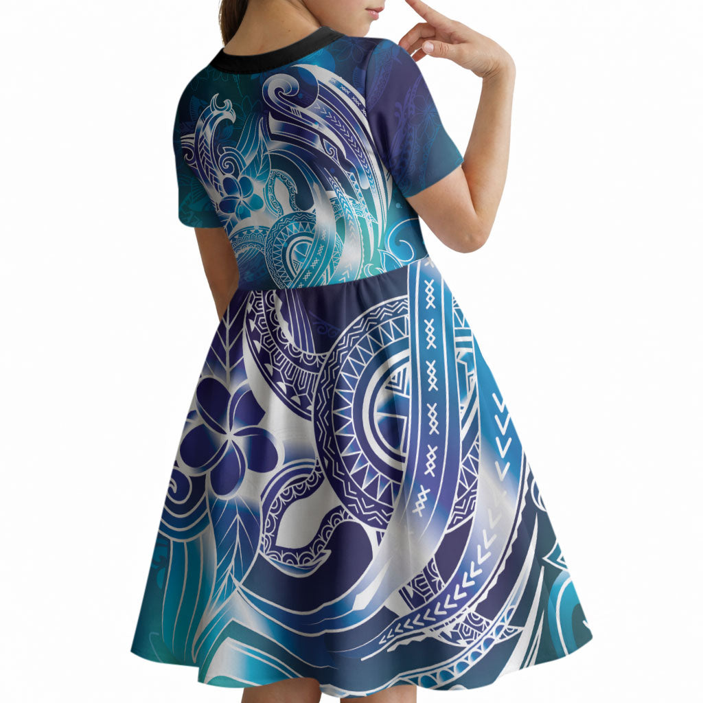 Aloha Hawaii Turtle Kid Short Sleeve Dress Teal Purple Ribbon