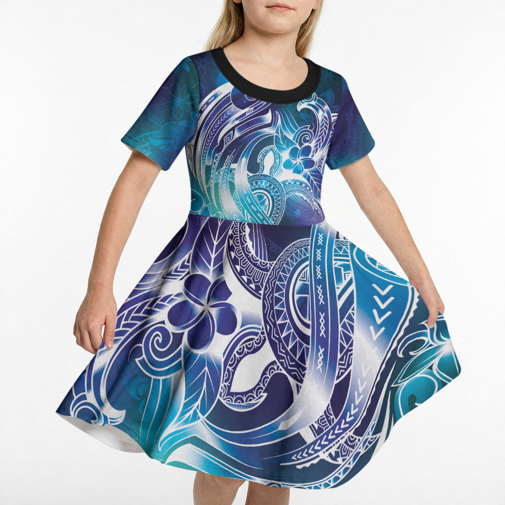 Aloha Hawaii Turtle Kid Short Sleeve Dress Teal Purple Ribbon