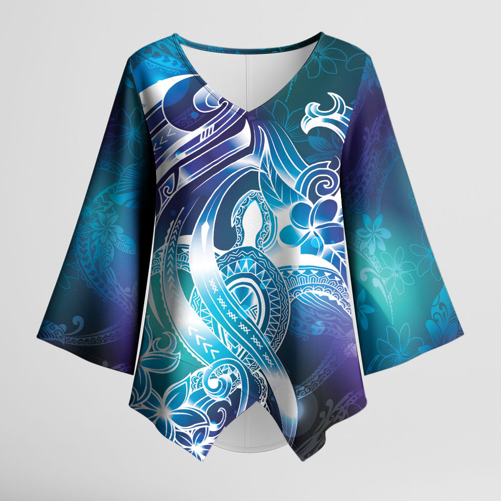 Aloha Hawaii Turtle Kimono Sleeve Blouse Teal Purple Ribbon