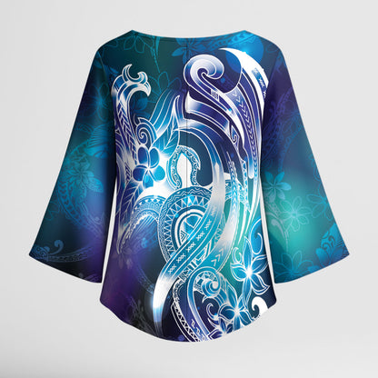 Aloha Hawaii Turtle Kimono Sleeve Blouse Teal Purple Ribbon