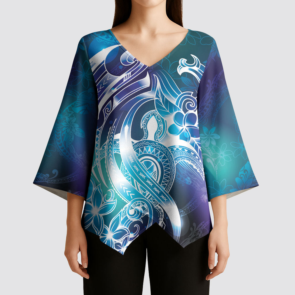 Aloha Hawaii Turtle Kimono Sleeve Blouse Teal Purple Ribbon