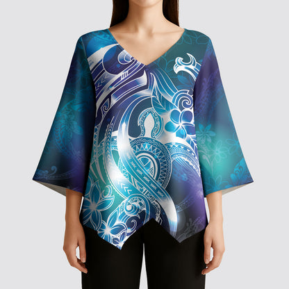 Aloha Hawaii Turtle Kimono Sleeve Blouse Teal Purple Ribbon