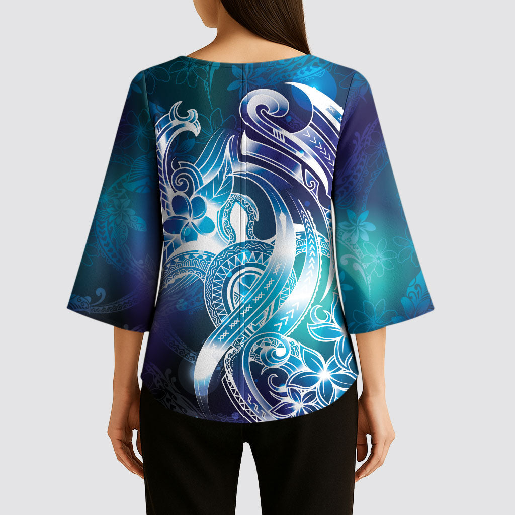 Aloha Hawaii Turtle Kimono Sleeve Blouse Teal Purple Ribbon