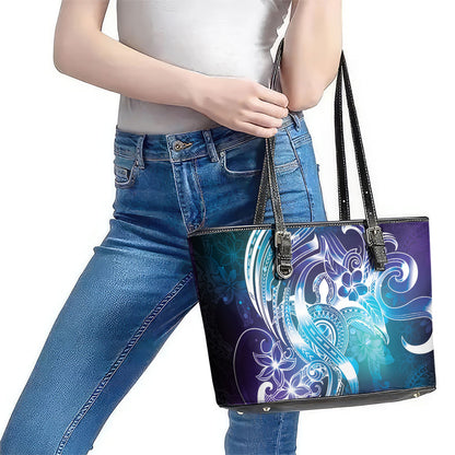 Aloha Hawaii Turtle Leather Tote Bag Teal Purple Ribbon