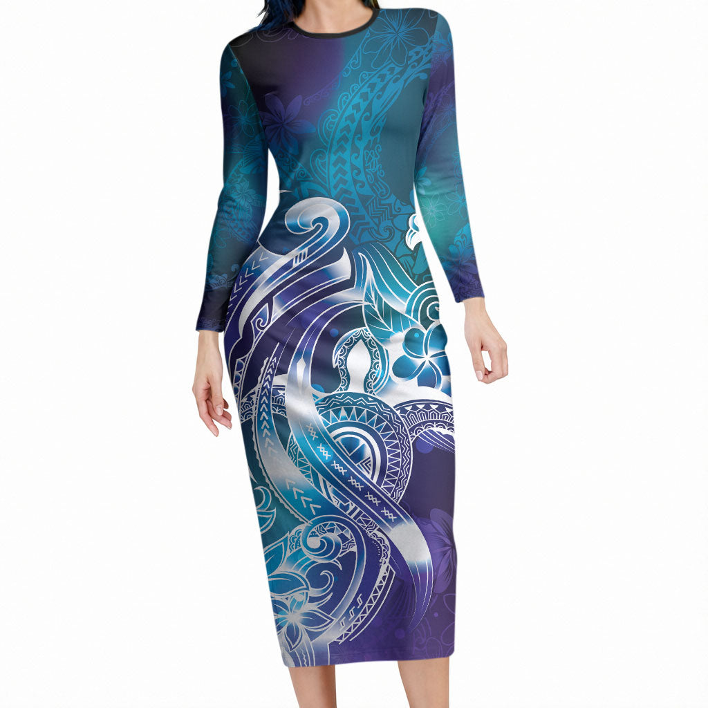 Aloha Hawaii Turtle Long Sleeve Bodycon Dress Teal Purple Ribbon