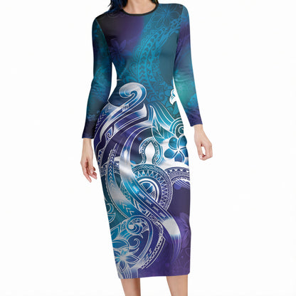 Aloha Hawaii Turtle Long Sleeve Bodycon Dress Teal Purple Ribbon