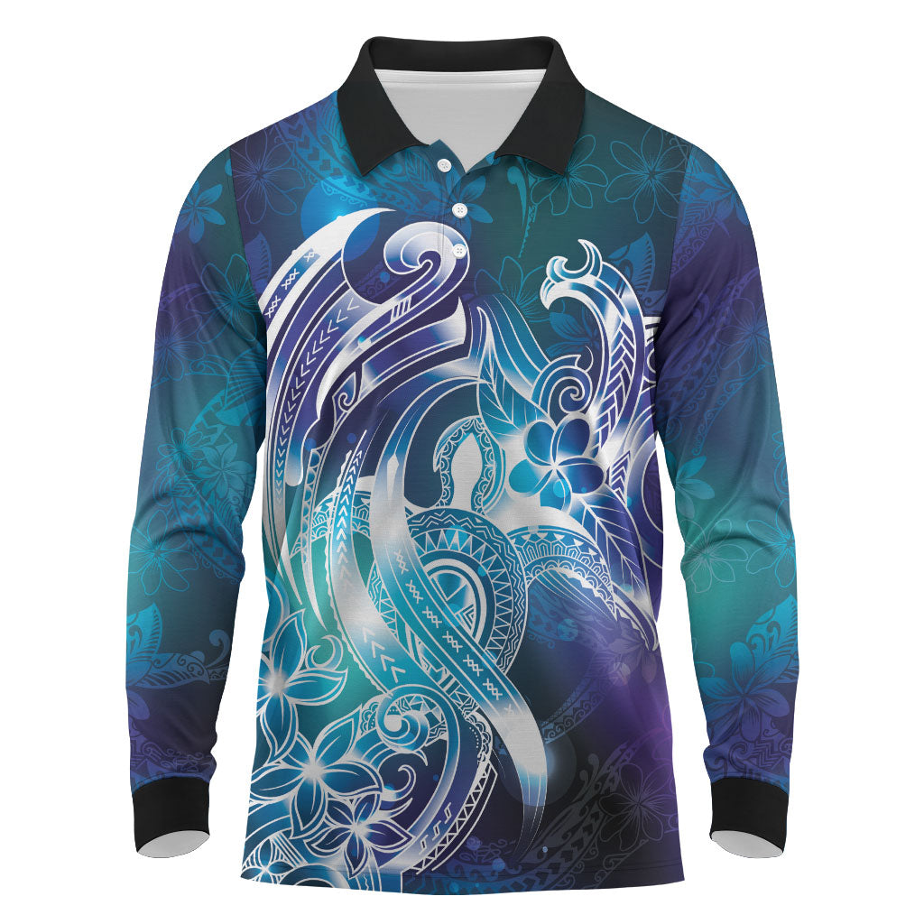 Aloha Hawaii Turtle Long Sleeve Polo Shirt Teal Purple Ribbon