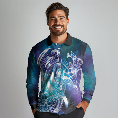 Aloha Hawaii Turtle Long Sleeve Polo Shirt Teal Purple Ribbon