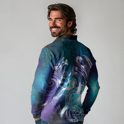 Aloha Hawaii Turtle Long Sleeve Polo Shirt Teal Purple Ribbon