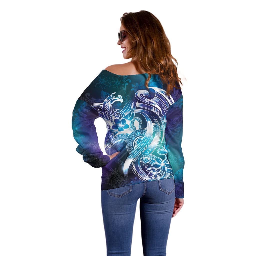 Aloha Hawaii Turtle Off Shoulder Sweater Teal Purple Ribbon