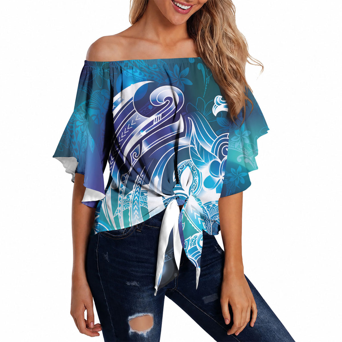 Aloha Hawaii Turtle Off Shoulder Wrap Waist Top Teal Purple Ribbon