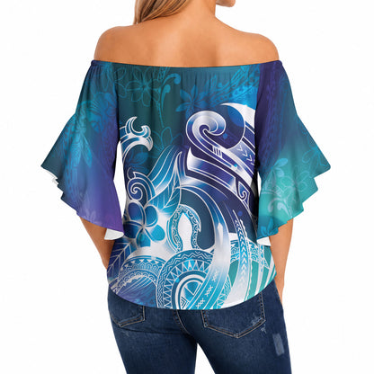 Aloha Hawaii Turtle Off Shoulder Wrap Waist Top Teal Purple Ribbon