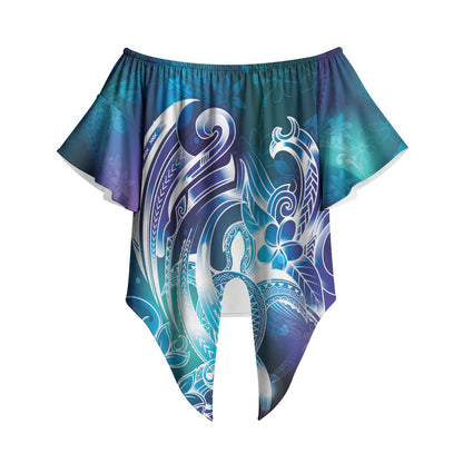 Aloha Hawaii Turtle Off Shoulder Wrap Waist Top Teal Purple Ribbon