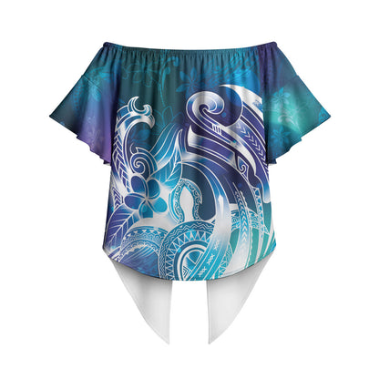 Aloha Hawaii Turtle Off Shoulder Wrap Waist Top Teal Purple Ribbon