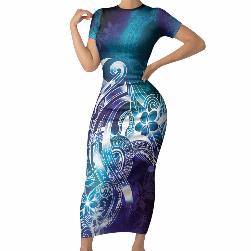 Aloha Hawaii Turtle Short Sleeve Bodycon Dress Teal Purple Ribbon