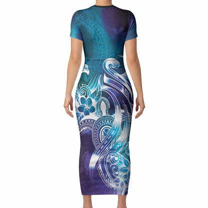 Aloha Hawaii Turtle Short Sleeve Bodycon Dress Teal Purple Ribbon