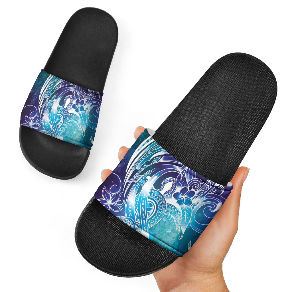 Aloha Hawaii Turtle Slide Sandals Teal Purple Ribbon