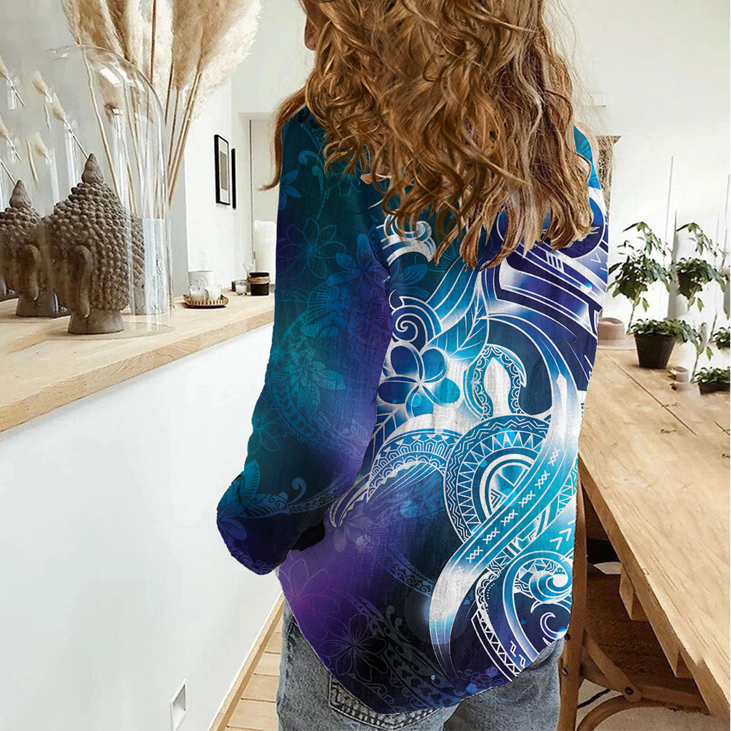 Aloha Hawaii Turtle Women Casual Shirt Teal Purple Ribbon