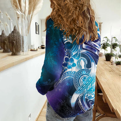Aloha Hawaii Turtle Women Casual Shirt Teal Purple Ribbon