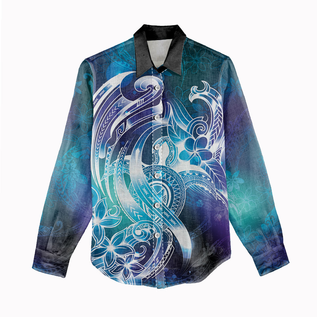 Aloha Hawaii Turtle Women Casual Shirt Teal Purple Ribbon