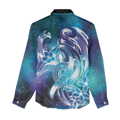 Aloha Hawaii Turtle Women Casual Shirt Teal Purple Ribbon