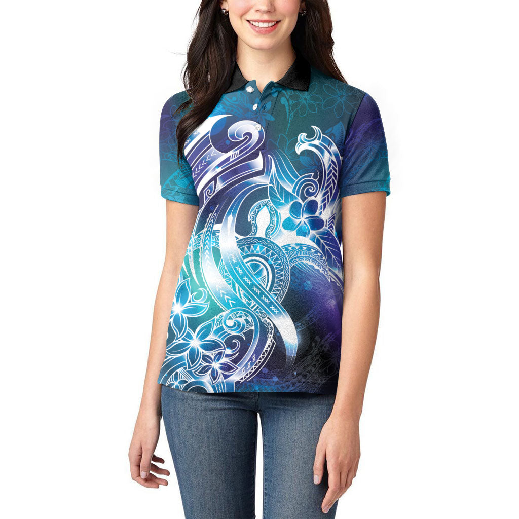Aloha Hawaii Turtle Women Polo Shirt Teal Purple Ribbon