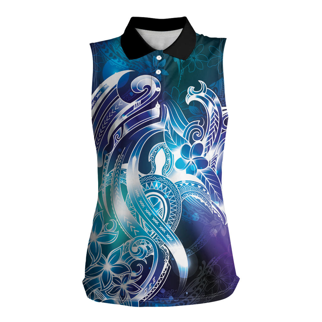Aloha Hawaii Turtle Women Sleeveless Polo Shirt Teal Purple Ribbon