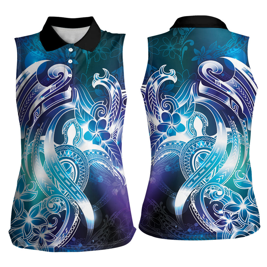 Aloha Hawaii Turtle Women Sleeveless Polo Shirt Teal Purple Ribbon