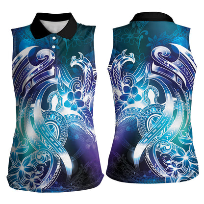 Aloha Hawaii Turtle Women Sleeveless Polo Shirt Teal Purple Ribbon