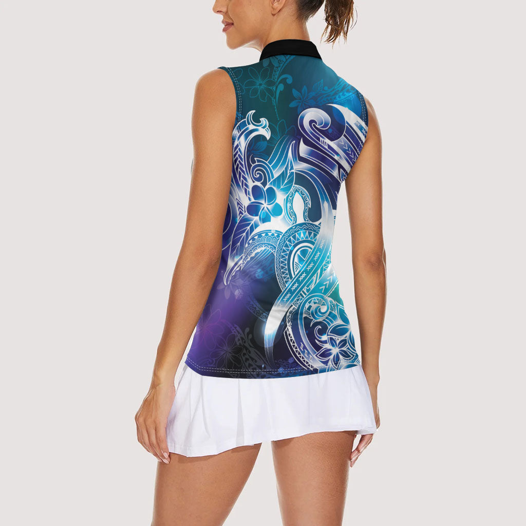 Aloha Hawaii Turtle Women Sleeveless Polo Shirt Teal Purple Ribbon