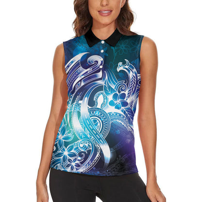 Aloha Hawaii Turtle Women Sleeveless Polo Shirt Teal Purple Ribbon