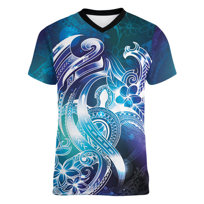 Aloha Hawaii Turtle Women V-Neck T-Shirt Teal Purple Ribbon