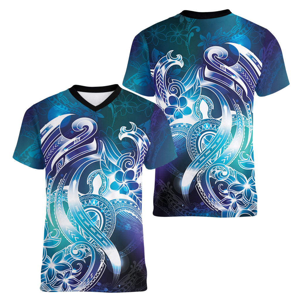 Aloha Hawaii Turtle Women V-Neck T-Shirt Teal Purple Ribbon