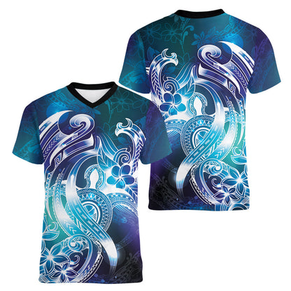 Aloha Hawaii Turtle Women V-Neck T-Shirt Teal Purple Ribbon